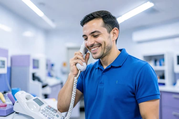 Um técnico sorrindo ao atender o telefone em uma oficina de conserto de eletrodomésticos.