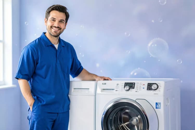Técnico de eletrodomésticos sorrindo ao lado de uma máquina de lavar e secar LG consertada