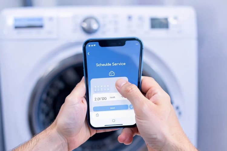 Homem usando smartphone para agendar serviço de assistência técnica