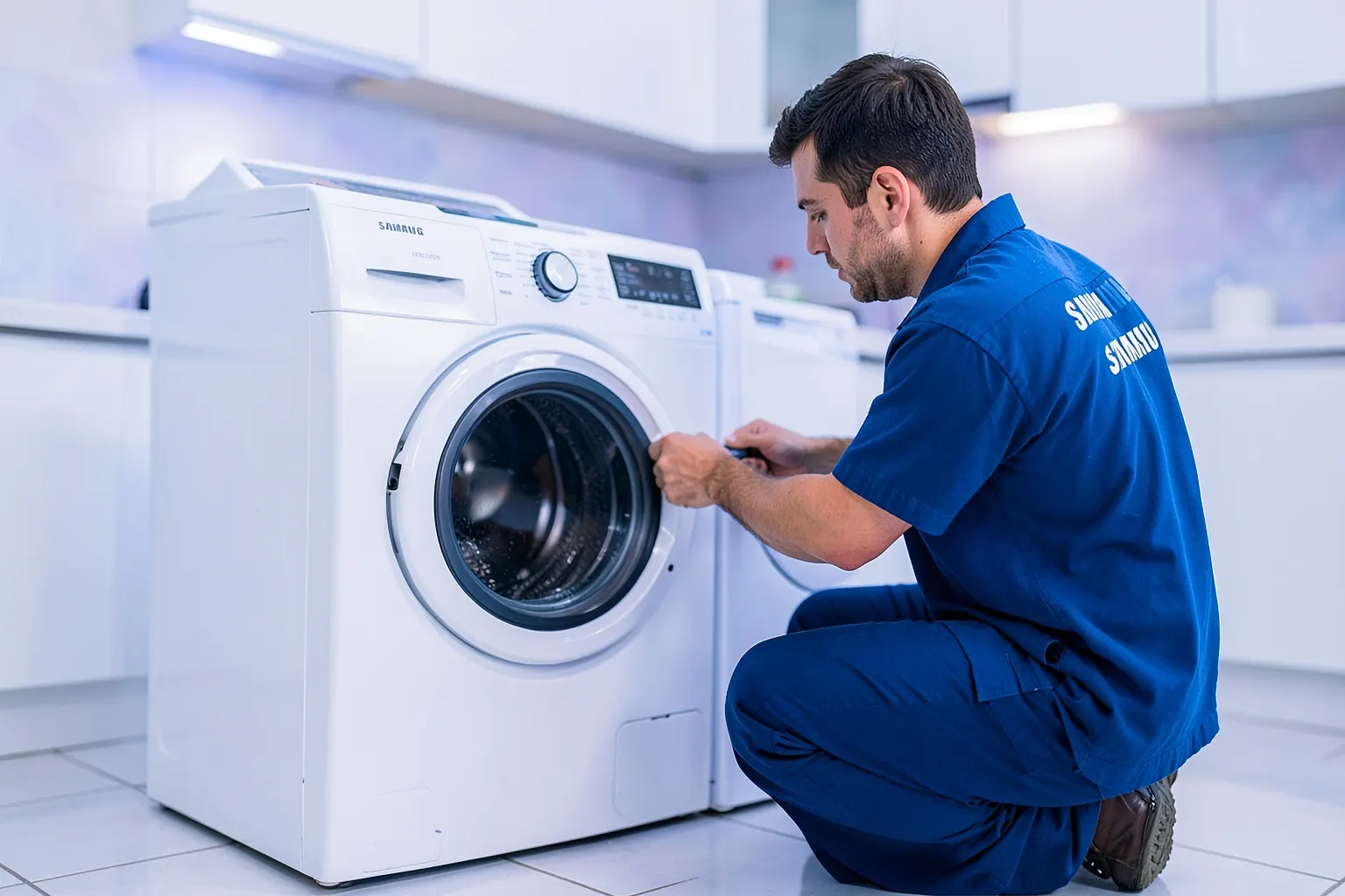 Técnico de eletrodomésticos consertando máquina de lavar e secar Samsung em Goiânia