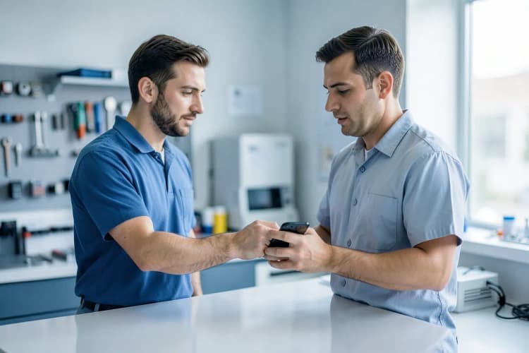 Um homem entregando um smartphone para um técnico em uma loja de conserto de eletrônicos.