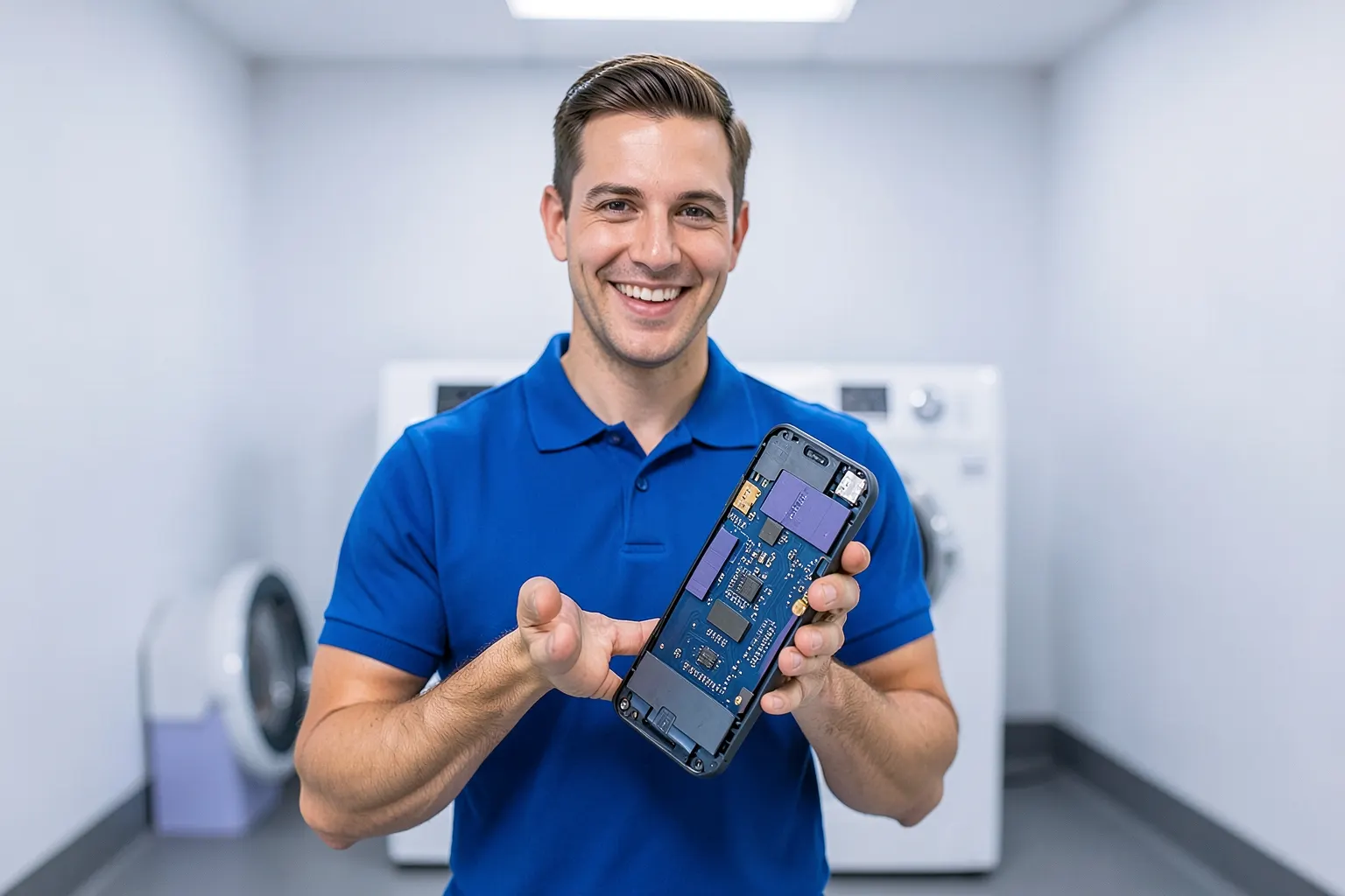 Um técnico de celular sorrindo, segurando um smartphone aberto em sua bancada de trabalho.