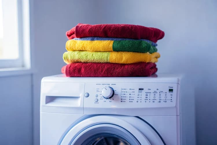 Uma pilha de toalhas coloridas dobradas sobre uma máquina de lavar lava e seca limpa.