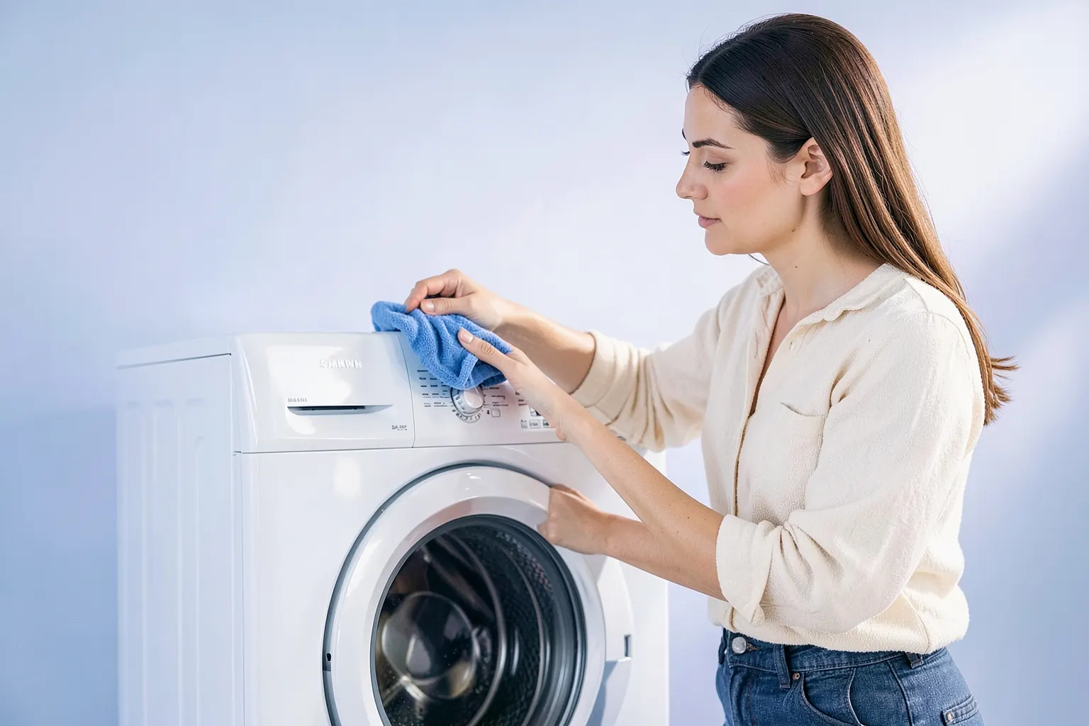 Mulher sorrindo enquanto limpa a máquina de lavar lava e seca Samsung com um pano.