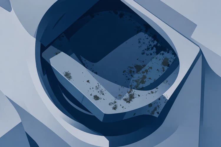 Close-up da borracha de vedação de uma máquina de lavar e secar com acúmulo de sujeira e mofo
