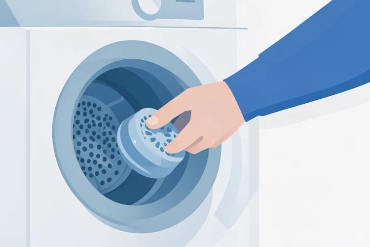 Mão humana verificando o filtro de fiapos de uma máquina de lavar e secar