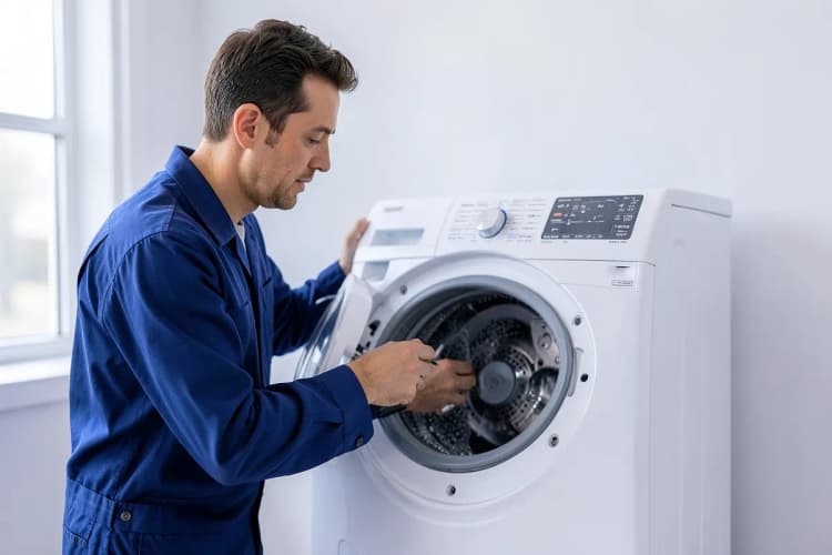 Um técnico de confiança consertando uma máquina de lavar e secar roupa em uma cozinha.