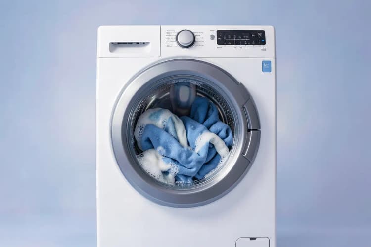Uma máquina de lavar e secar roupa com a porta de vidro mostrando roupas molhadas e um pouco de espuma dentro.