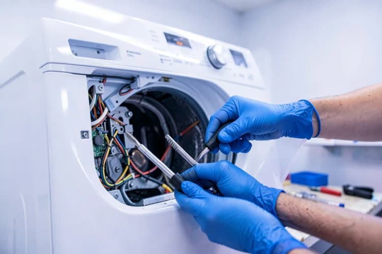 Um técnico de serviço trabalhando no interior de uma máquina de lavar e secar roupa com ferramentas.