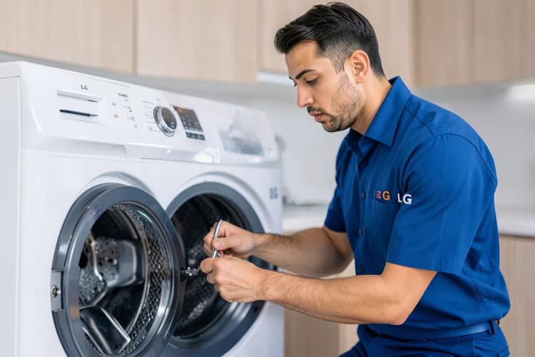 Técnico de serviço LG consertando uma máquina de lavar roupa LG em uma cozinha doméstica.