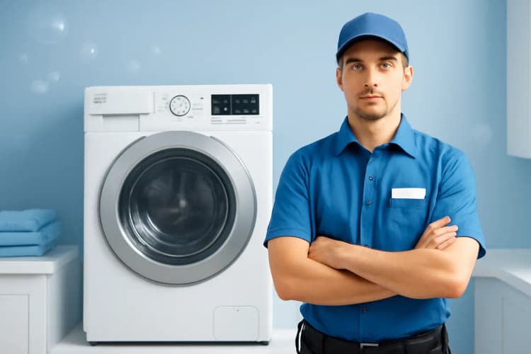 Homem de uniforme azul LG em frente a uma máquina de lavar e secar LG branca em uma lavanderia.