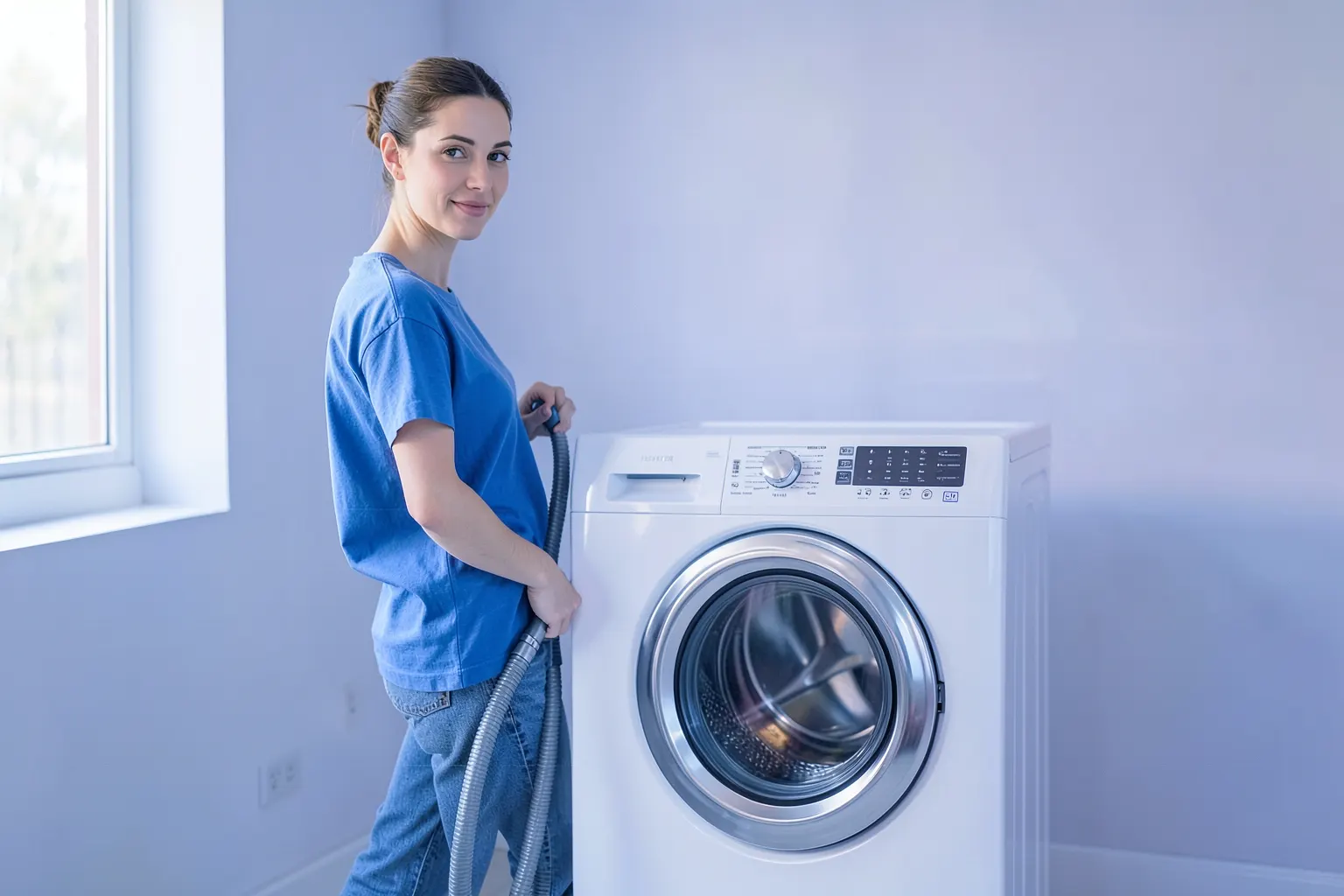 Mulher sorrindo enquanto segura uma mangueira de máquina de lavar roupa LG em uma lavanderia doméstica.