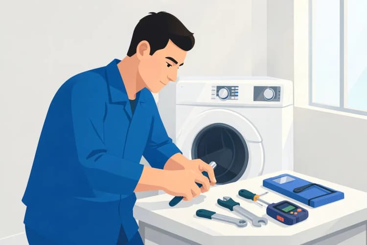 Um técnico de uniforme azul consertando uma lava e seca Samsung, com ferramentas sobre uma bancada ao lado.