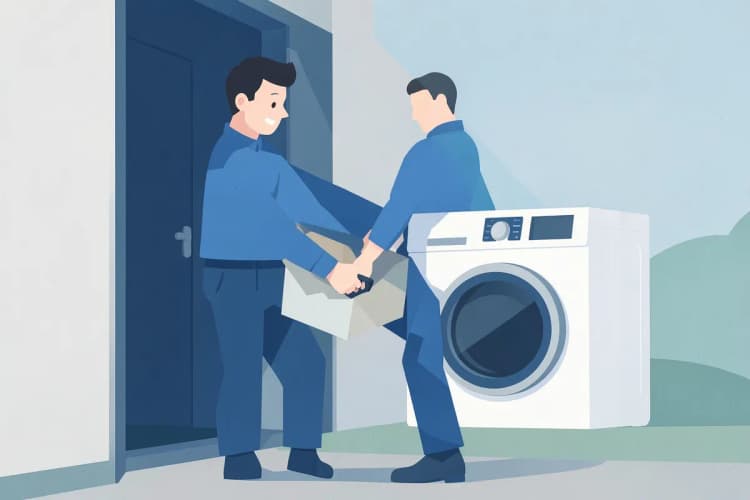 Um técnico de uniforme azul saindo de uma casa com uma caixa de ferramentas, após realizar um conserto em uma lava e seca Samsung.