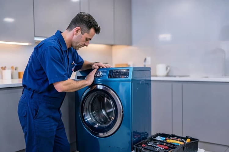 Técnico de eletrodomésticos com ferramentas, trabalhando em uma máquina de lavar roupa em uma cozinha, plano médio, luz de cozinha vinda de cima, dia