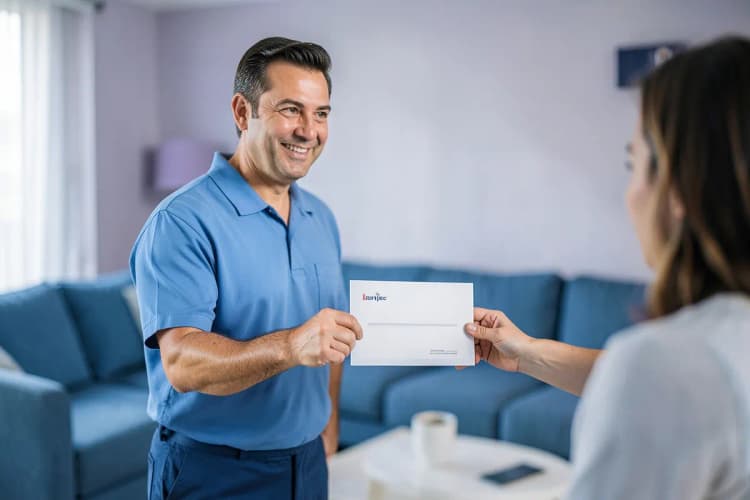 Técnico de eletrodomésticos entregando um certificado de garantia para um cliente, plano médio, luz de sala, dia