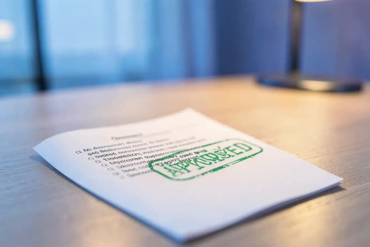 Checklist de qualidade em um papel com um carimbo de aprovado, close-up, luz de mesa, dia