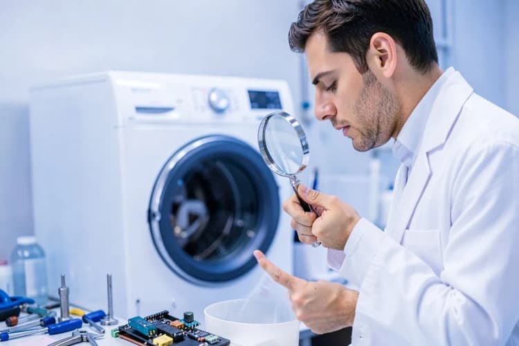 Um homem de jaleco branco examinando um smartphone com uma lupa, com ferramentas de precisão e componentes eletrônicos organizados em uma bancada.