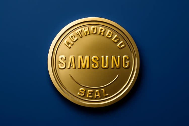 Um selo de autorização com o logo da Samsung em destaque, simbolizando uma assistência técnica credenciada.