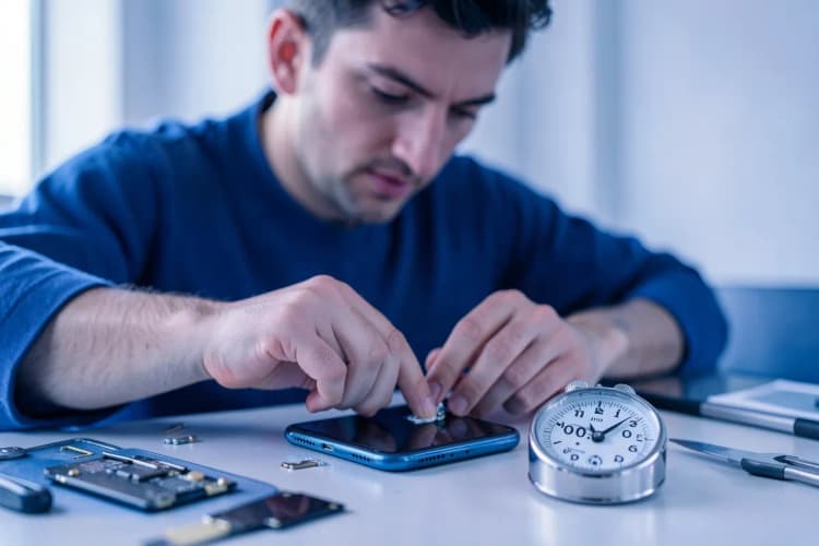 Um técnico de eletrônicos trabalhando em um smartphone com um cronômetro ao lado, indicando o tempo de conserto.