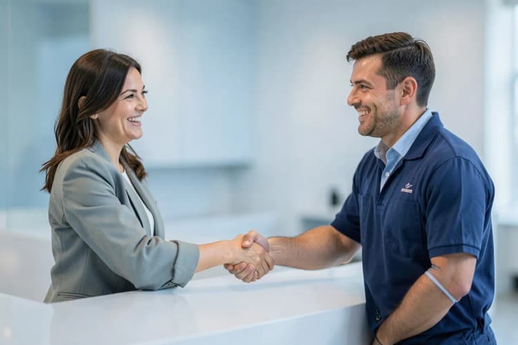 Um cliente apertando a mão de um técnico de serviço em um balcão de atendimento, ambos sorrindo.