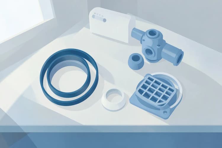 Conjunto de peças de reposição para lava e seca, incluindo correia, bomba d'água e filtro, organizadas sobre uma bancada.