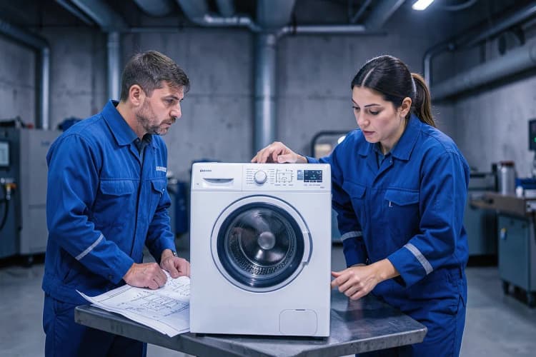 Um grupo de técnicos de manutenção discute um projeto em uma planta industrial.