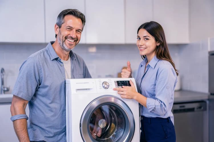 Um cliente sorri enquanto um técnico de manutenção finaliza um reparo em uma casa.