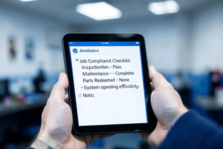 Um técnico de manutenção usa um tablet para registrar informações sobre um serviço realizado.