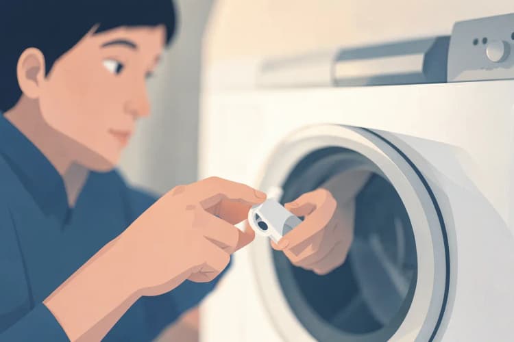 Uma pessoa examinando atentamente uma peça de reposição para lava e seca Samsung.