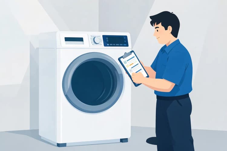 Uma lava e seca Samsung sendo inspecionada por um técnico com um checklist.