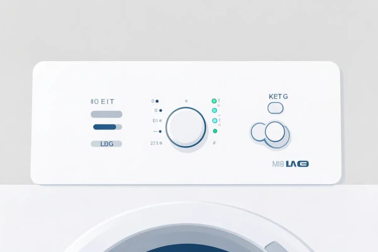 Close-up de um painel de controle de máquina lava e seca LG com luzes indicadoras acesas e botões.
