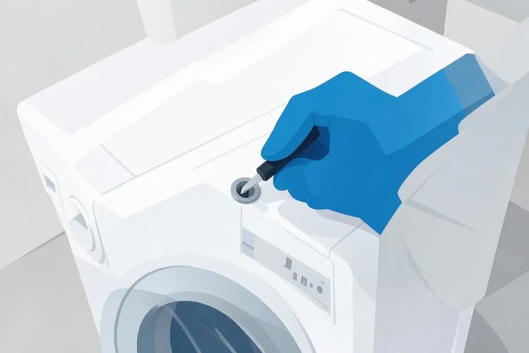 Mão de um técnico segurando uma chave de fenda, prestes a apertar um parafuso na parte traseira de uma máquina lava e seca LG.