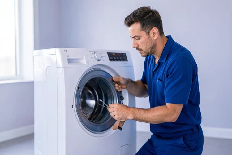 Um técnico de eletrodomésticos com uma chave de fenda, consertando a parte traseira de uma máquina lava e seca LG.