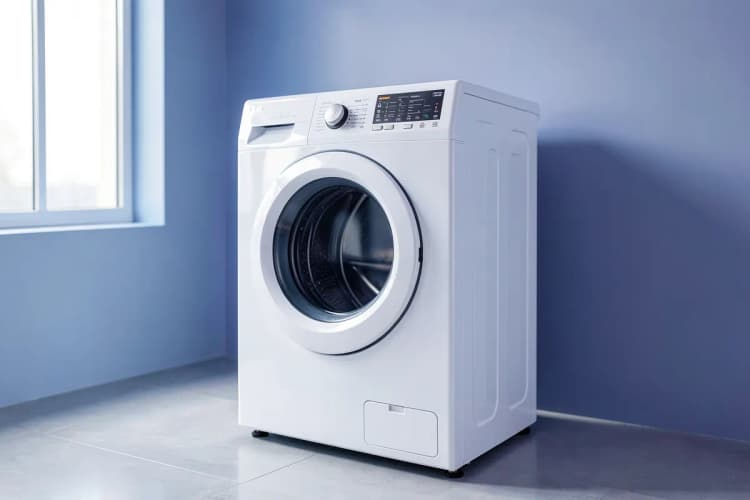 Uma máquina lava e seca LG limpa e brilhante em uma lavanderia doméstica moderna e organizada.