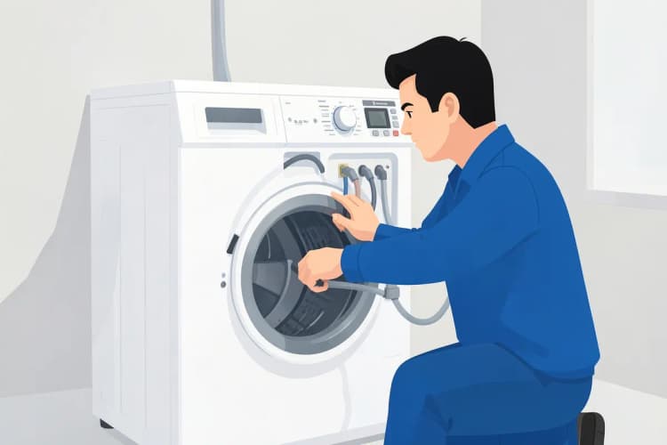 Técnico de uniforme azul inspecionando a parte traseira de uma máquina lava e seca LG.
