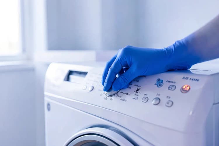 Mão com luva azul pressionando o botão de ligar de uma máquina lava e seca LG branca.