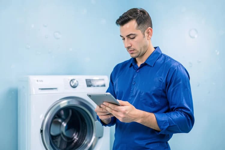 Técnico de uniforme azul com um tablet na mão, em frente a uma máquina lava e seca LG branca, em uma lavanderia.