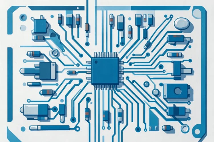 Close-up de uma placa eletrônica com componentes como resistores e capacitores.