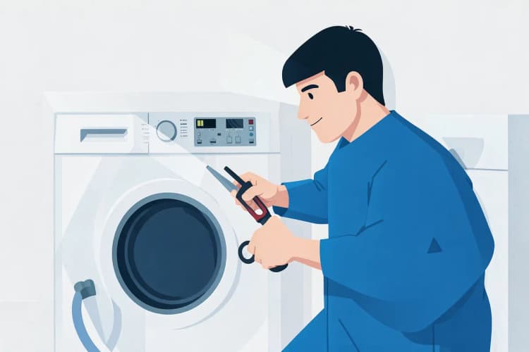 Técnico de eletrodomésticos examinando a placa de uma lava e seca.