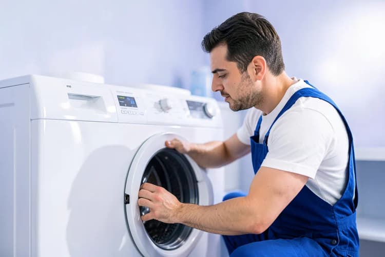 Técnico de conserto trabalhando na parte inferior de uma máquina de lavar e secar roupa.