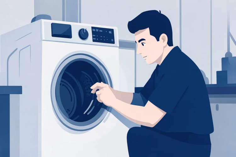 Técnico de serviço examinando o interior de uma máquina de lavar roupa.