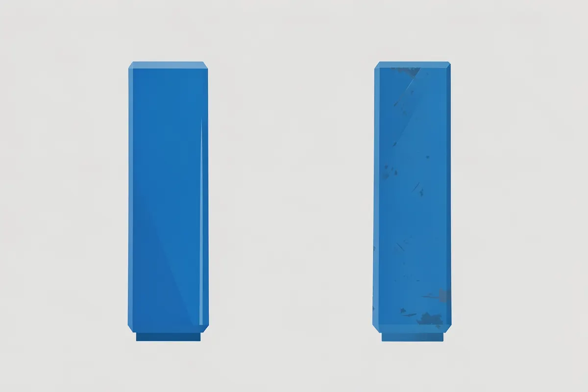 Comparação lado a lado de dois eixos tripé de máquinas de lavar, um novo e um desgastado.