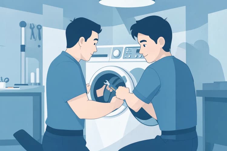 Técnico de serviço trabalhando na parte traseira de uma máquina de lavar e secar Samsung.