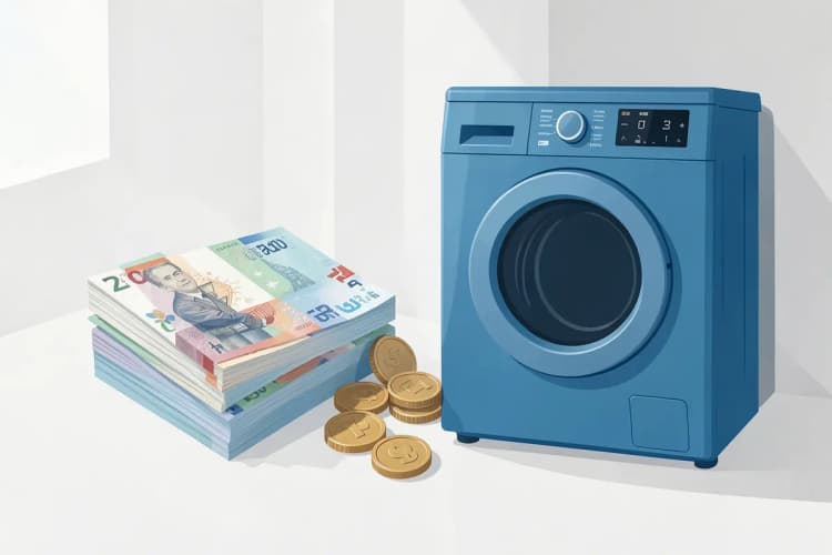 Pilha de notas de dinheiro e moedas ao lado de uma máquina de lavar e secar Samsung.