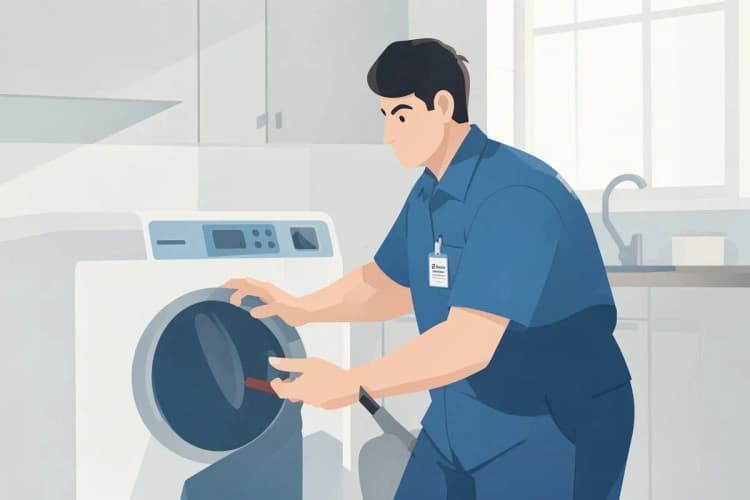Técnico de serviço com crachá de identificação trabalhando em uma máquina lava e seca em uma cozinha.