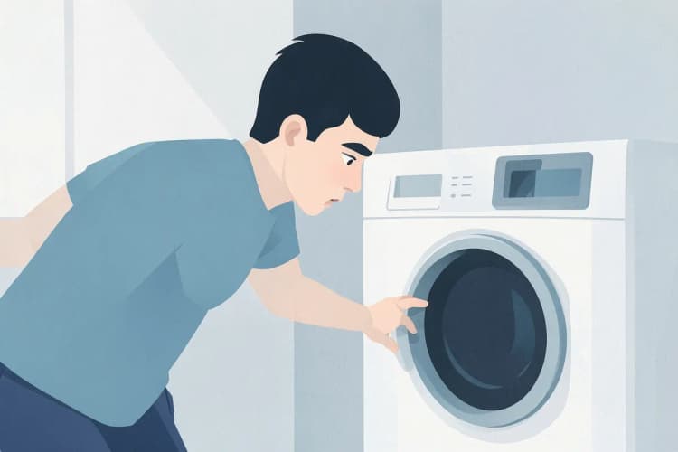 Pessoa cheirando a parte traseira de uma máquina de lavar e secar com expressão de preocupação.
