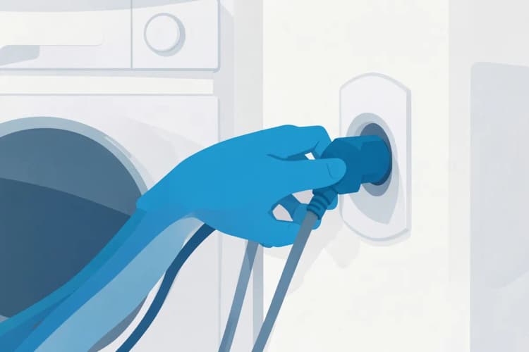 Mão desconectando o cabo de energia de uma máquina de lavar e secar.