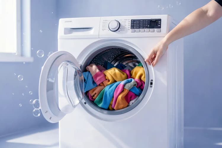 Mãos colocando roupas coloridas dentro do tambor de uma lava e seca.