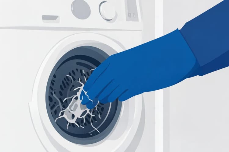 Uma mão usando uma luva azul limpa um filtro de fiapos de uma máquina de lavar roupa.